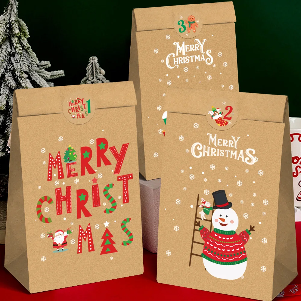 Sacs cadeaux en papier pour calendrier de l'avent de noël festif, 12 pièces, sacs fourre-tout réutilisables en Kraft pour cadeaux de fête, emballage de bonbons de vacances