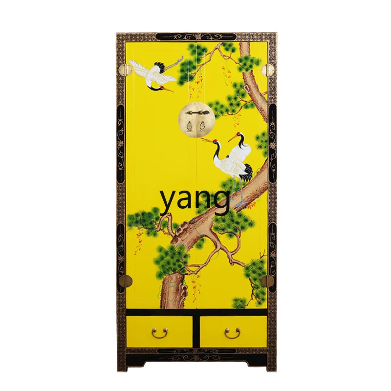 

Yjq New Chinese Style Solid Wood Camphor Wood Wardrobe Home Bedroom Double Door Wardrobe Corner Hand Painted Furniture