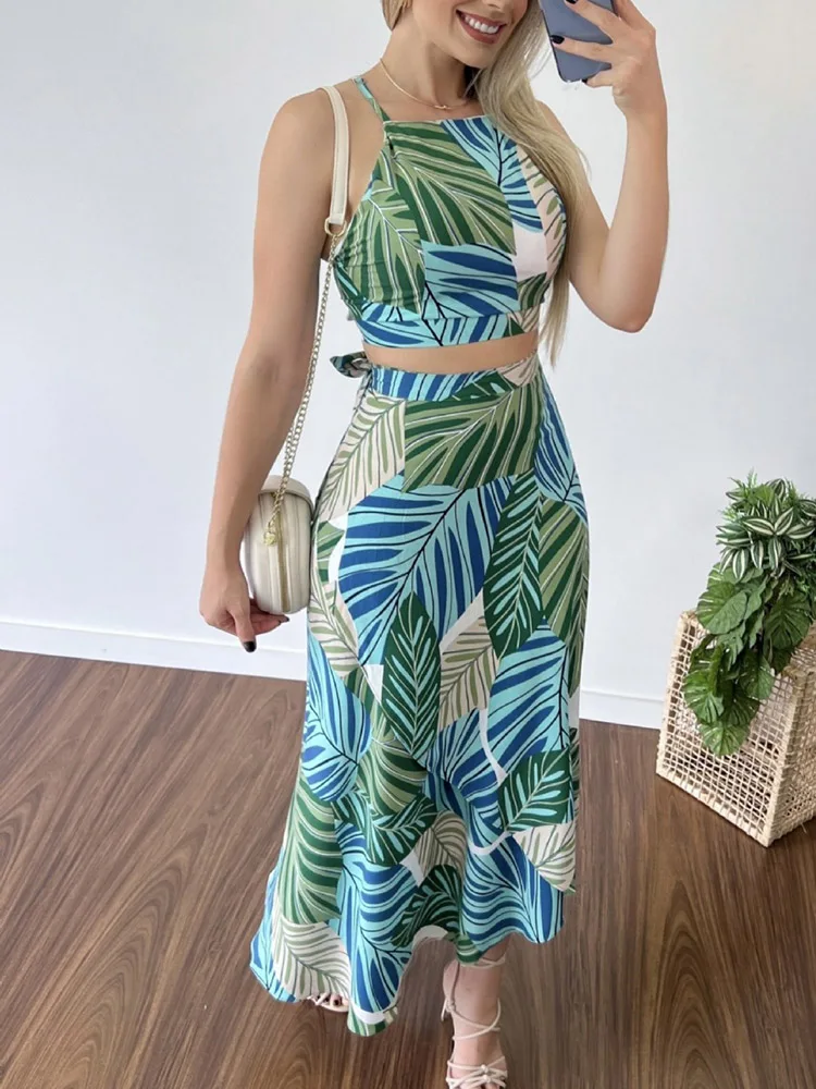 

Summer Women Printing Short Top Slim Skirt 2PCS Matching Set Lace-Up Sleeveless Backless Streetwear Ladies Outfit Dropshipping