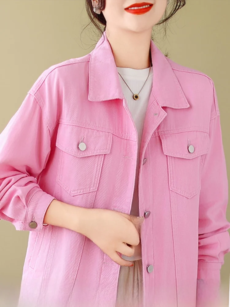 

Loose Women's Denim Jaet Student Sle Casual Top Hong Kong Sle Jaet Collar Long Sve Pure Color