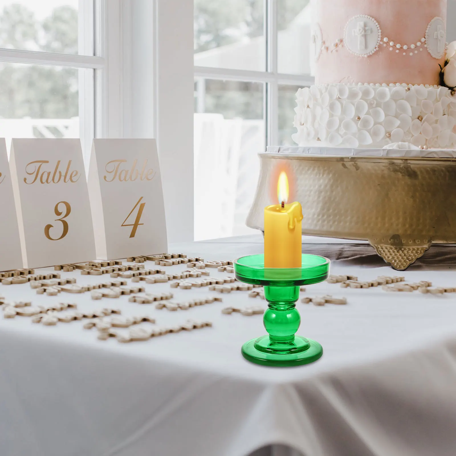 3 قطع من حاملات الشموع الزجاجية الخضراء على شكل أعمدة رومانية صغيرة، حامل شموع مخروطي للزفاف وديكور المنزل