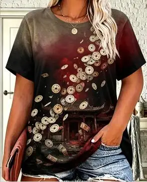 Women Dark Horror Broken Mirror Print T‑Shirt Witch Figure Bell Vintage Rust Tie‑Dye Crew Neck Short‑Sleeve Casual Tops
