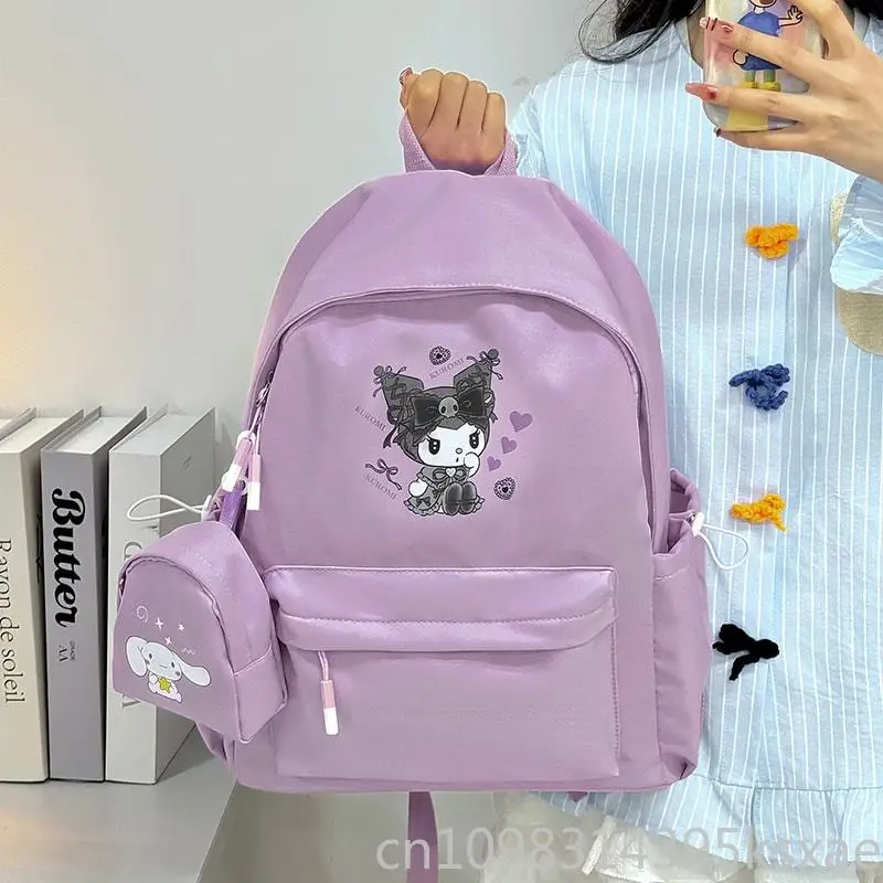  Nylon School Backpack for Student Cute Kuromi Kids Bookbag with Coin Purse Pendant Lightweight Student College Rucksack
