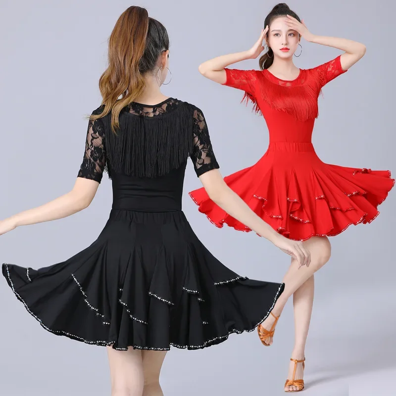 Lace Latin Dance Costume Women Square Dance Costume Tassel Practice Clothing Set Dancing National Standard Dance Modern