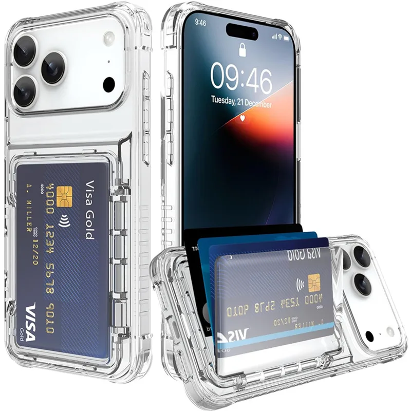 Transparente Hülle mit 4 Kreditkartenfächern, stoßfest, für iPhone Air 17 16 E 15 13 12 11 Pro Max 14 Plus 17E, klare Handyhülle