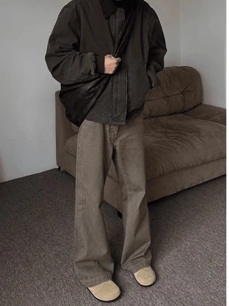 

Brown Fce Lined Thiened Micro Flared Jeans Men's Winter Straight Leg Long Pants American Sle Boys Jeans Youth Trend