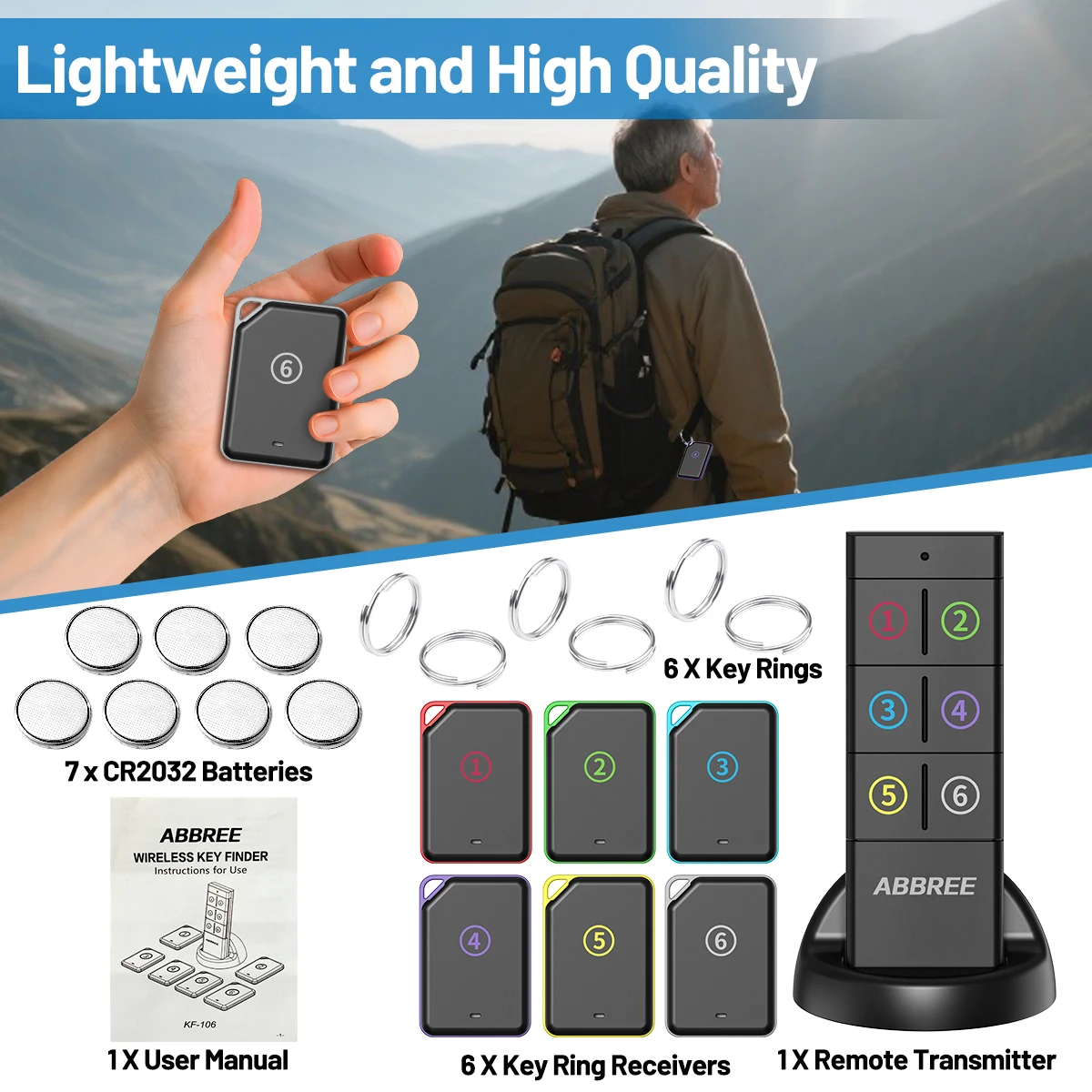 ABBREE เครื่องค้นหากุญแจไร้สาย RF Key Locator อุปกรณ์ป้องกันการสูญหายสัตว์เลี้ยงกระเป๋าสตางค์ตัวติดตามรีโมทคอนโทรล 1 เครื่องส่งสัญญาณ RF 6 ตัวรับเด็ก