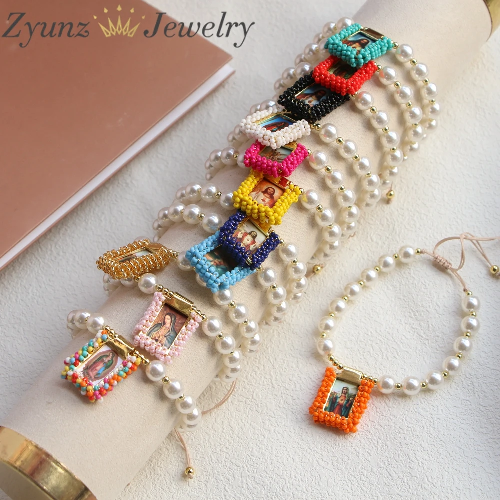 

5PCS, Handcrafted Imitation Pearl Beads Bracelet Jesus Charms Adjustable Classic Vintage Strand Women Gift