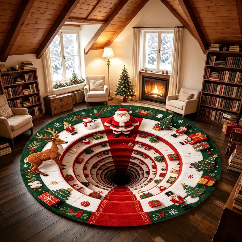 2D Flat Christmas Round Rug Bottomless Pit Polyester Vortex Floor Mat Vivid Printing Washable Fabric Optical Delusion Doormat