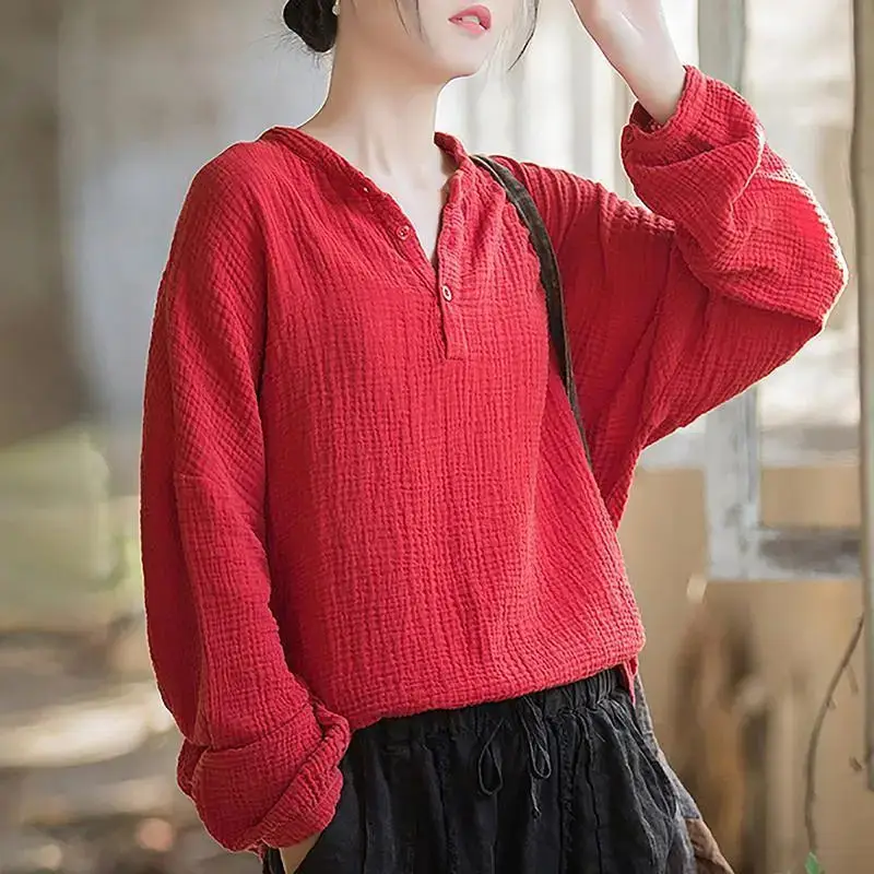 Linen Long Sleeved Shirt 2024 Spring Autumn Loose Retro Oversized Women's Art Top Casual V-Neck Clear Color Blouse Z4352