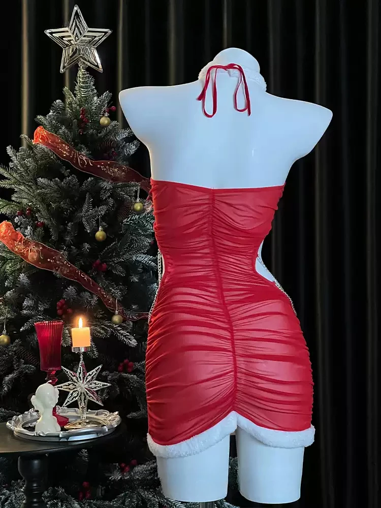 Lovermore 크리스마스 코스프레 유니폼 벨벳 체인 나이트 드레스, 장갑 및 스타킹, 에로틱 원피스 여성, 새해 섹시 란제리