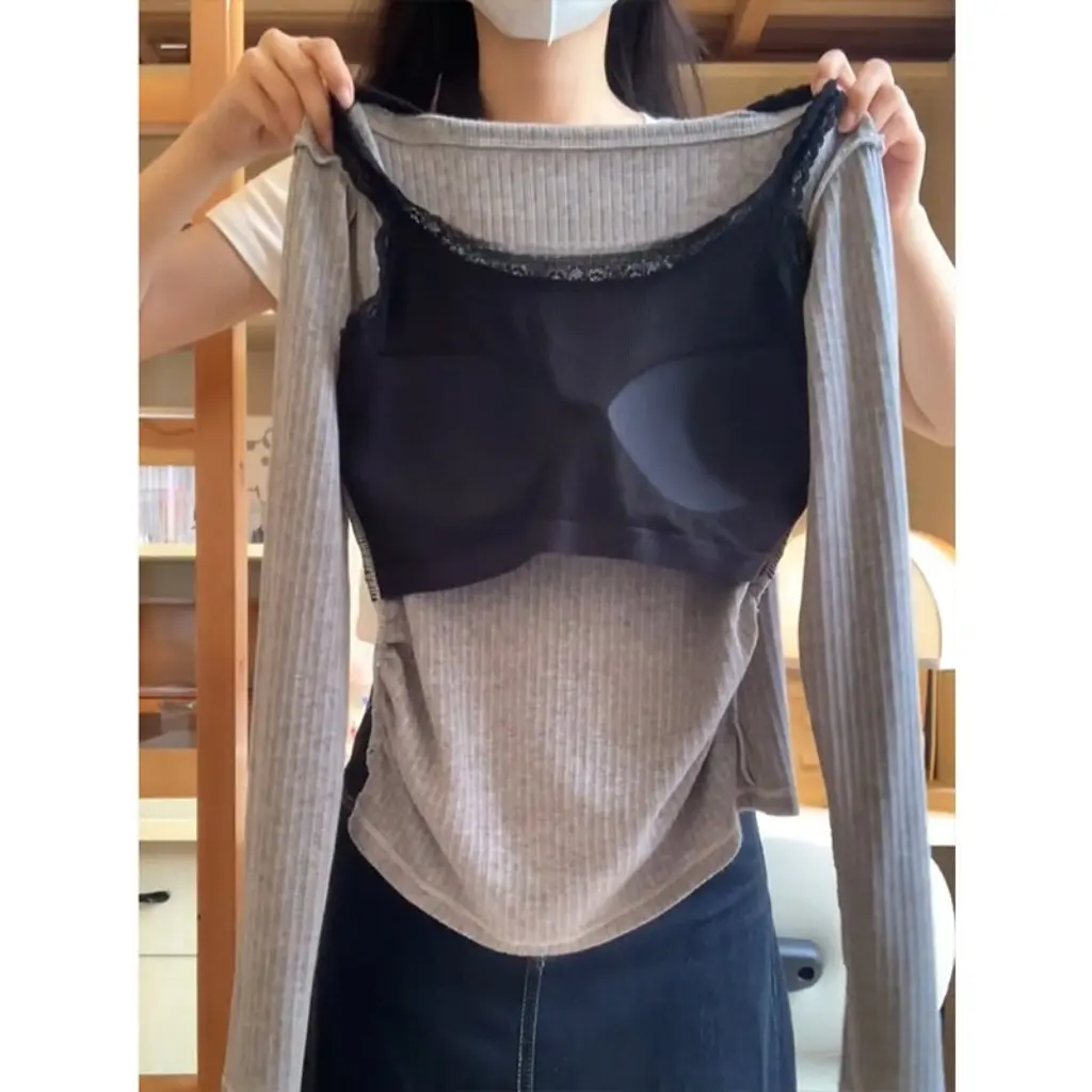 

Korean-Style Women's Long-Sleeved T-Shirt Slim Look Shoulder Fake Two-Piece Top with Chest Pad Cotton Base Sexy Base