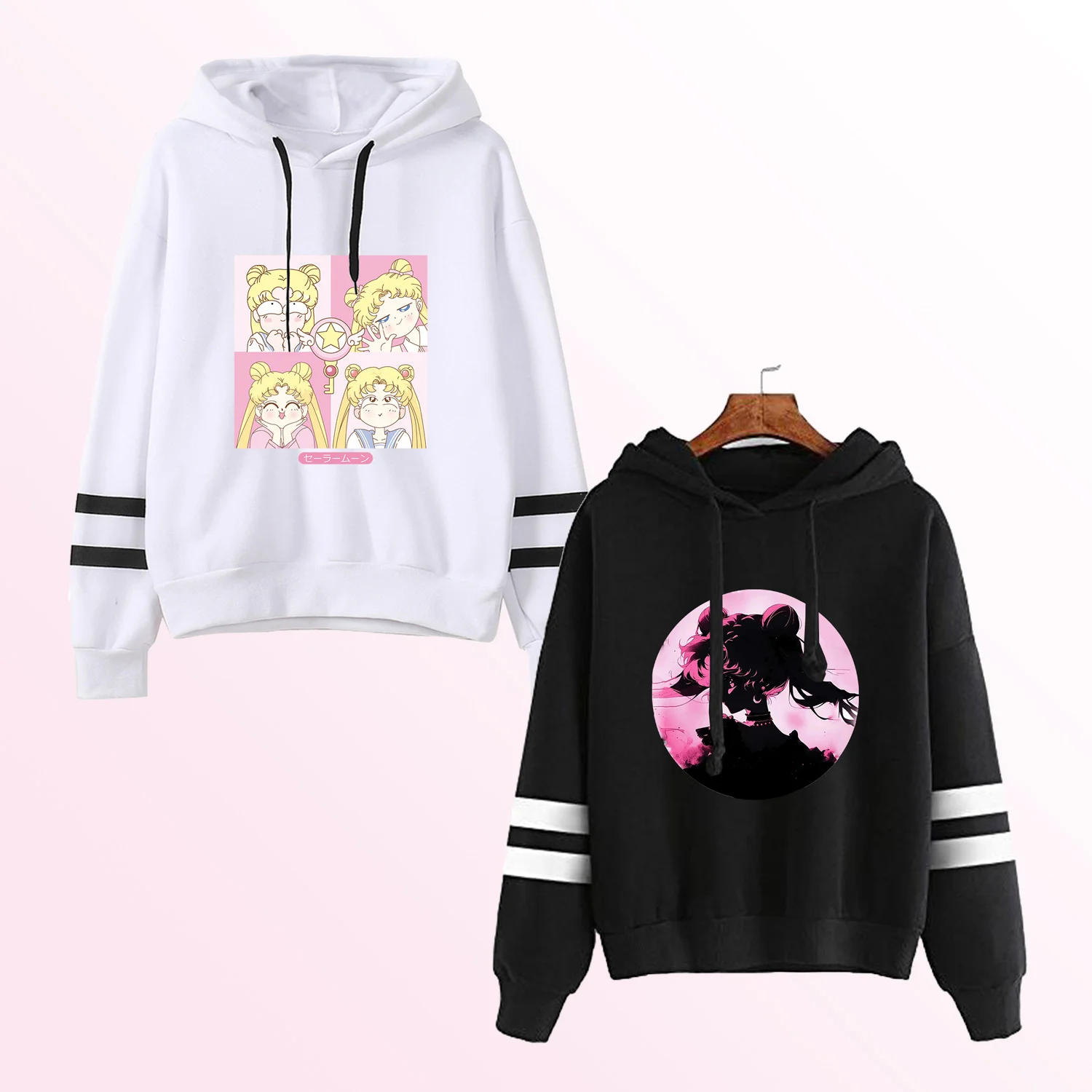 Sailor Moon Hoodie for Women White Black Long Sleeve Anime Printed Hooded Striped Sweatshirt Y2k Casual Sporty Adult Clothing