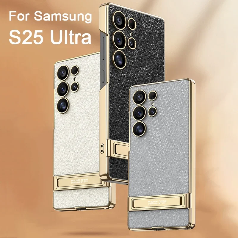 

RICKE Cross Grain Leather Holder Case For Samsung Galaxy S25 S24 Ultra Luxury Plating Protective Cover For Galaxy S25 Ultra Case