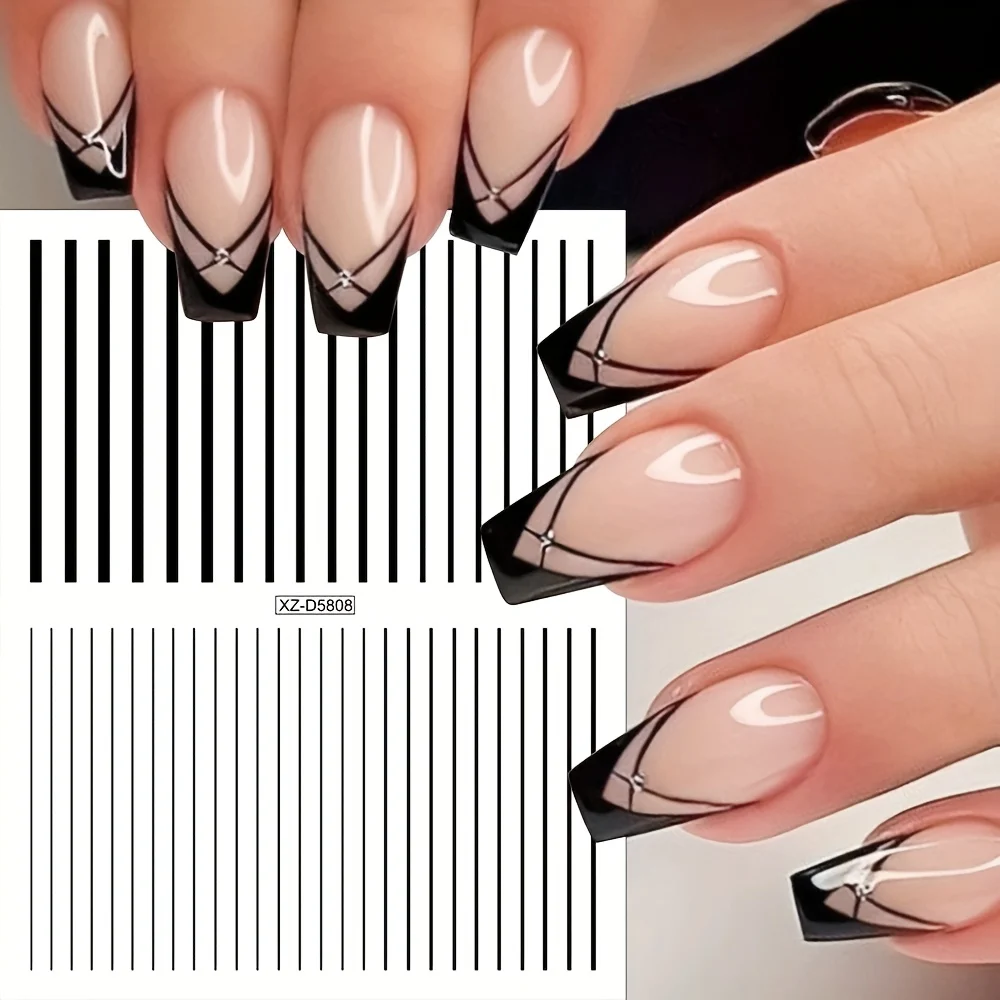 สติกเกอร์สีดำและสีขาวแบบมันเงาแบบติดเอง 12 ชิ้น - ลายเส้น 3 มิติและลวดลายเรขาคณิต สติกเกอร์ติดเล็บ DIY ที่ใช้งานง่าย