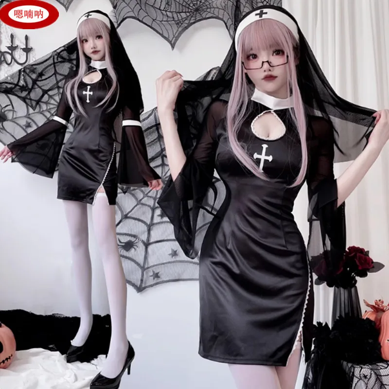 

Adult loween Cosplay Nun Costume with Cross k Gothic Sle Role-plang Polyester Fiber Stage Performance Clothing