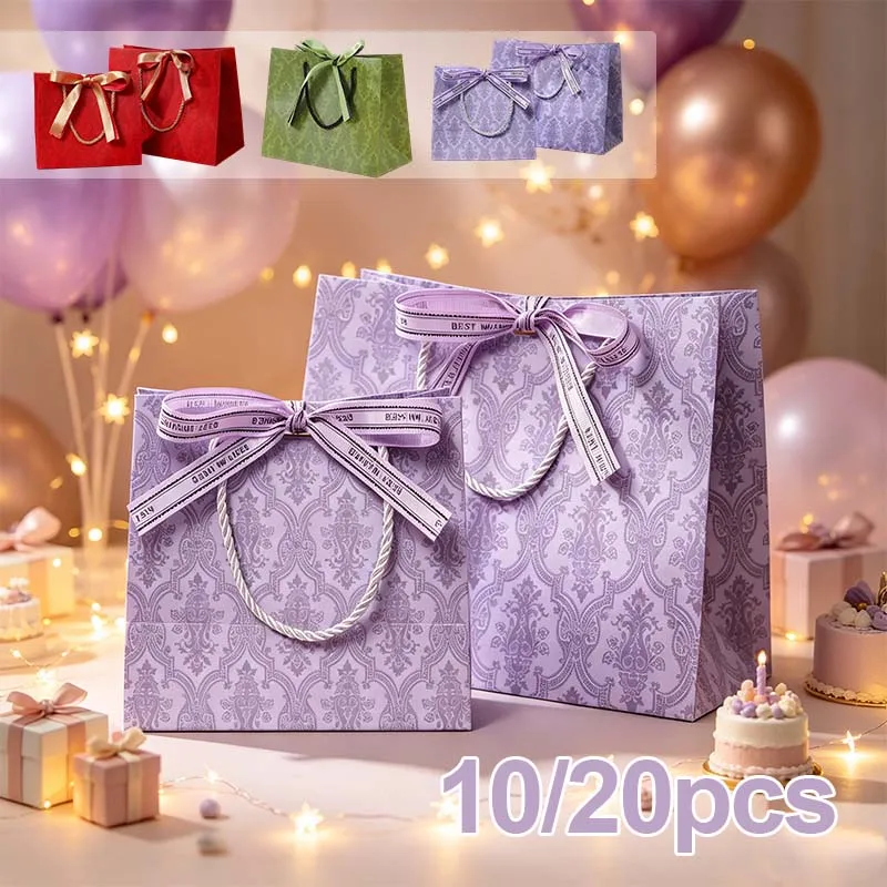 Bolsas de Compras de Cartón Grueso de Lujo, Cajas de Regalo Retro Verdes/Rojas/Moradas con Cinta para Fiestas, Bodas y Festivales, Juego de 20 Piezas