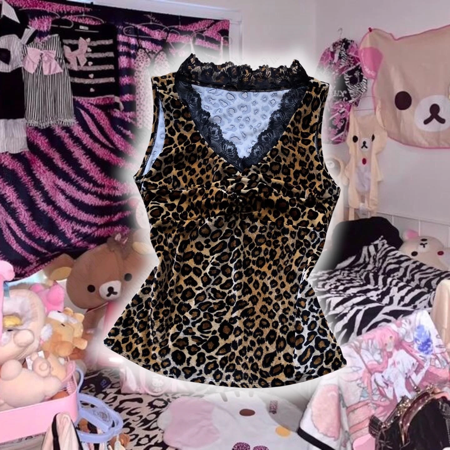 Millennia-Style Y2k Retro 2000s High Street Women Leopard Print V Neck Lace Sleeveless Camisole Vest Sexy Elegant Streetwear EMO