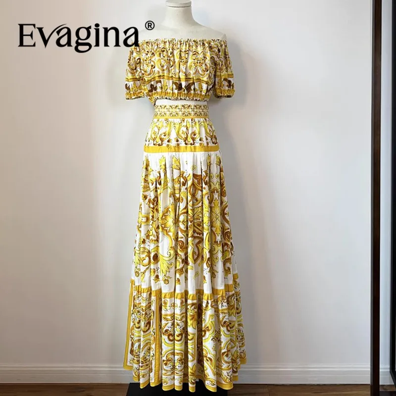 

Evagina Fashion Design Women's Cotton Printed One Word Neck Off Shoulder Short Tops Poplin Large Swing Long Half Skirt Set