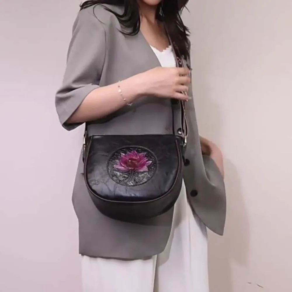 

Elegant Middle Aged Mom Bag Soft Leather Casual Lotus Embossed Shoulder Bag Anti-splash Water Multi Pocket