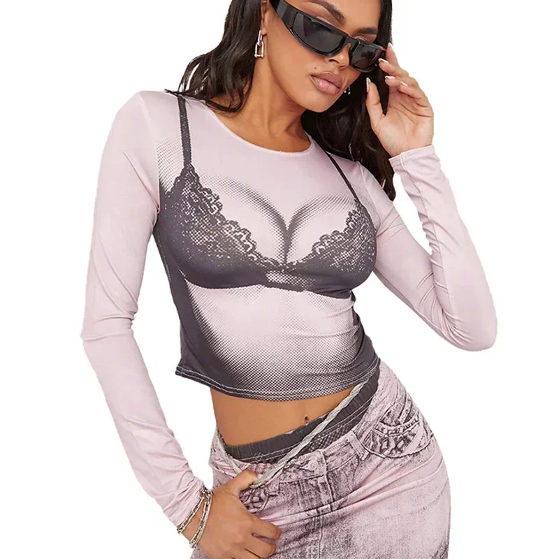 Conjunto de falda corta de manga larga para mujer, blusa corta con estampado de cuerpo, ajustada, ropa de calle Sexy, 2 piezas, 29884