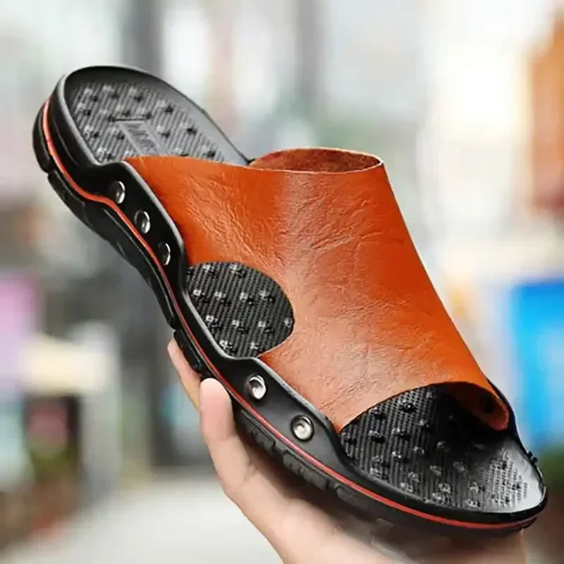 ELUVA Men Leather Slides Summer Beach Sandals Non-Slip Quick Dry Outdoor Walking Shoes Black Brown Sizes 38-48