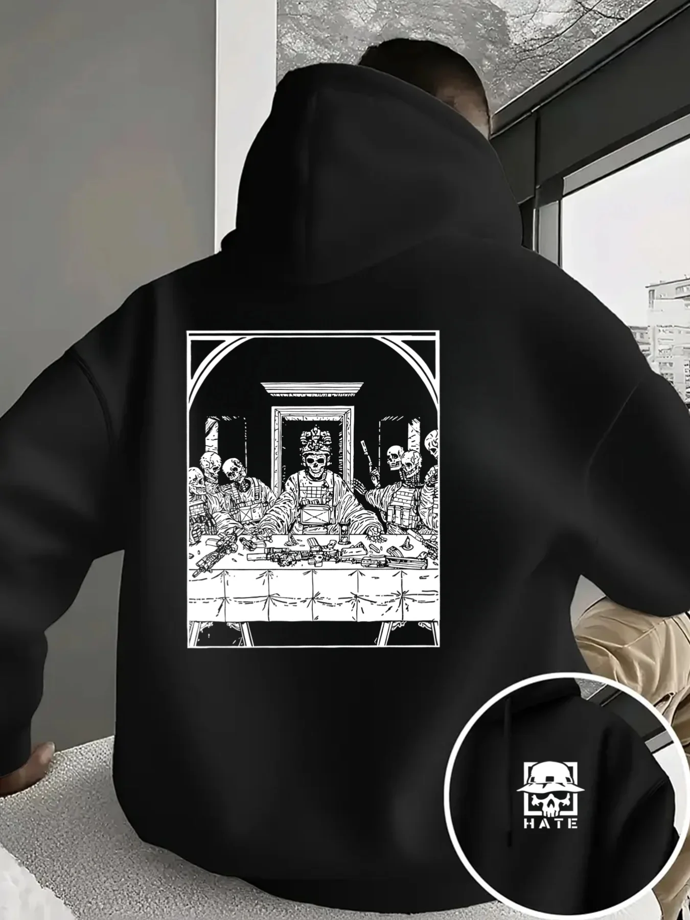 Men Sport Hip Hop Hoodie Skeleton Tactical Last Supper Back Print Streetwear Loose Fleece Pullover Sweatshirt Casual Mens Outfit
