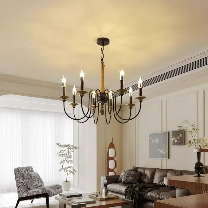 Retro Solid Wood Pendant Lamp led Wrought Iron Candle Light Living Room Dining Bedroom Home Decoration Salon Mid century lamp