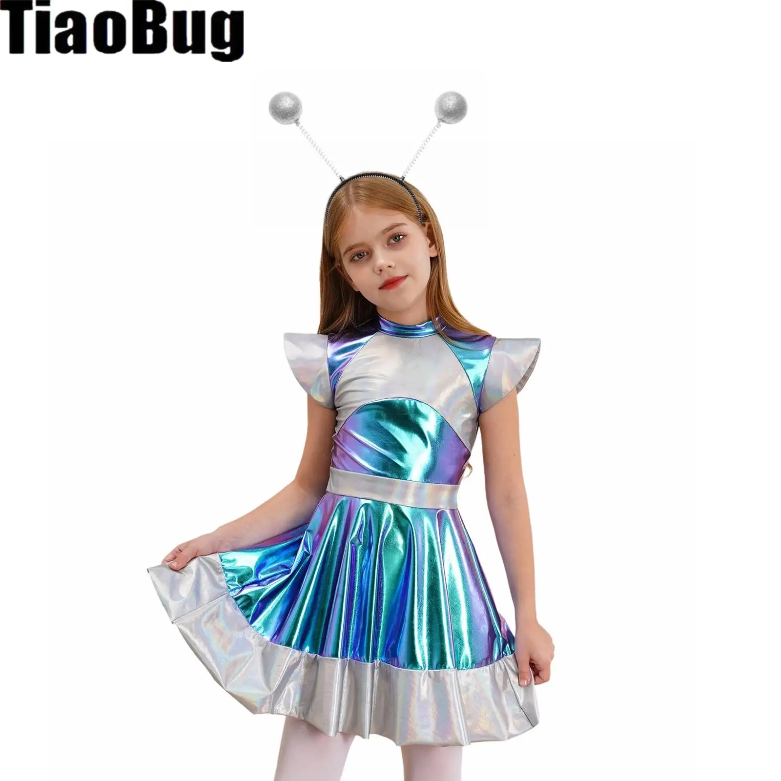 

Kids Girls Alien Cosplay Dress Outer Space Cutie Costume Set with Funny Alien Hair Hoop Accessory for Halloween