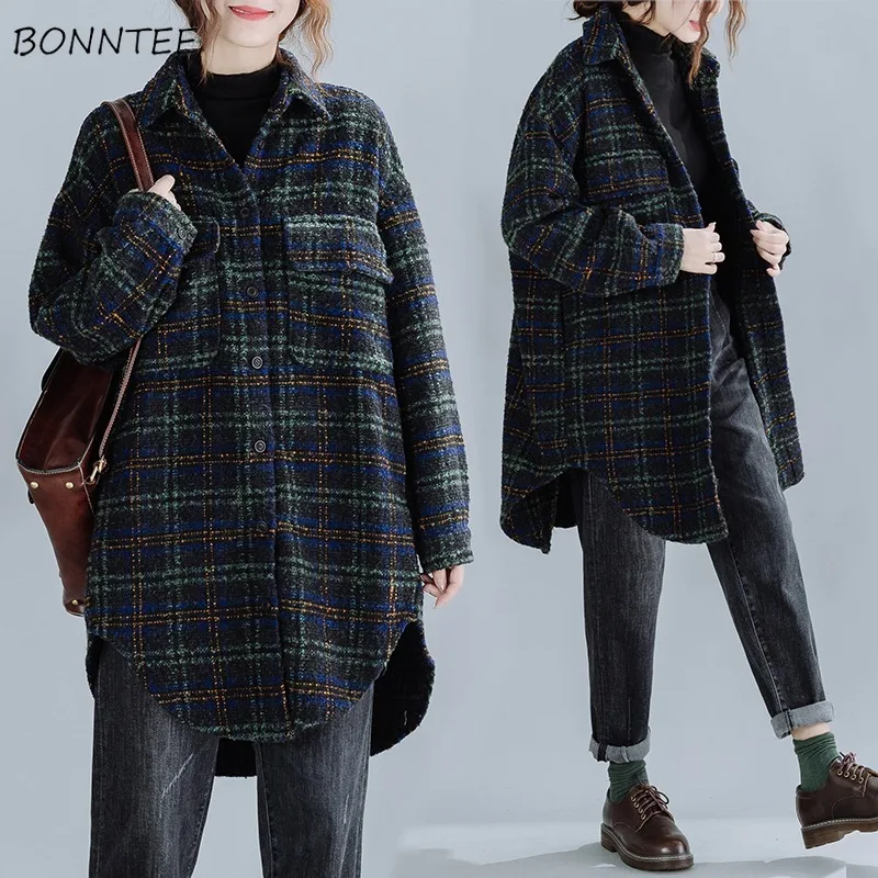 

Long Blends Women Thicker Plaid High Street Wool Coats Elegant Winter Outwear Warm Vintage Slouchy Korean Fashion Streetwear