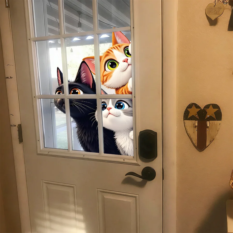 1 Sheet Curious Peeking Trio Cats Window Cling, Cute Black, Orange & Gray Kittens,Removable Static Window Decal, Window Film