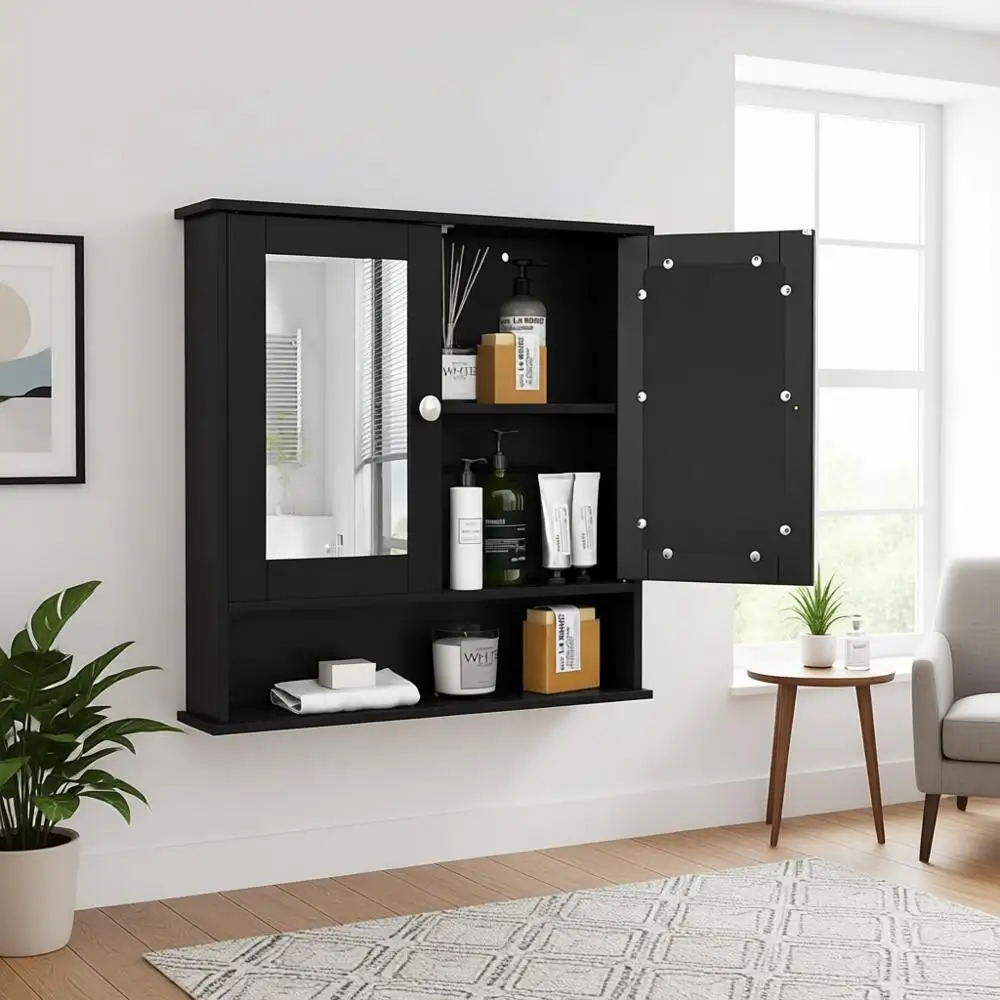 

Wall-Mounted Wooden Medicine Cabinet with Mirrors, Adjustable Shelves, Open Storage for Bathroom, Laundry, Living Room, Kitchen