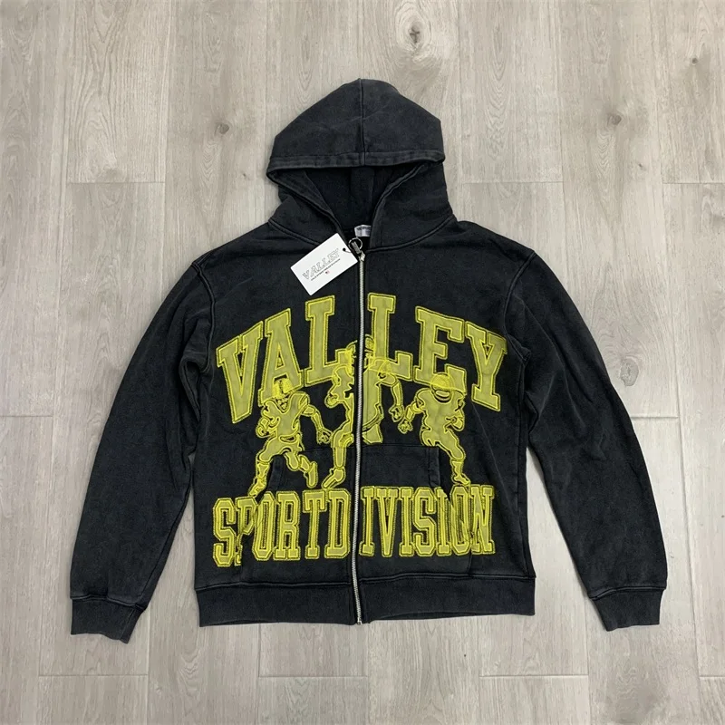 

Негабаритные куртки VALLEY с вышитым логотипом для мужчин и женщин из чистого хлопка Vale, черные потертые толстовки с капюшоном