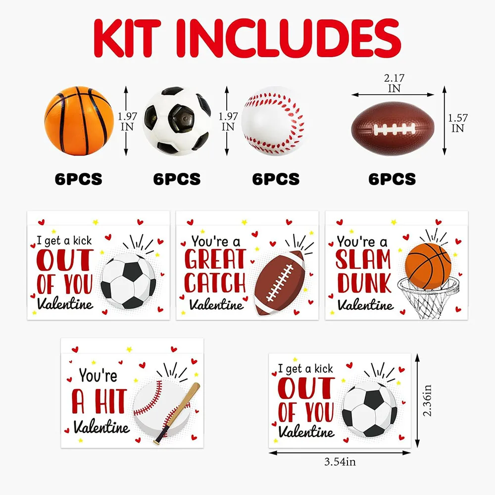 ลูกบอลบีบคลายเครียด 24 ลูก พร้อมการ์ดวันวาเลนไทน์ ลายฟุตบอล เบสบอล รักบี้ และบาสเก็ตบอล สำหรับแจกในห้องเรียน งานปาร์ตี้ หรือของชำร่วย