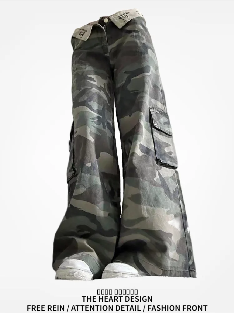 

American Style Low Waist Cuffed Camo Wide Leg Jeans Women's Loose Slimming Versatile Drapey High Street Workwear Long Trousers