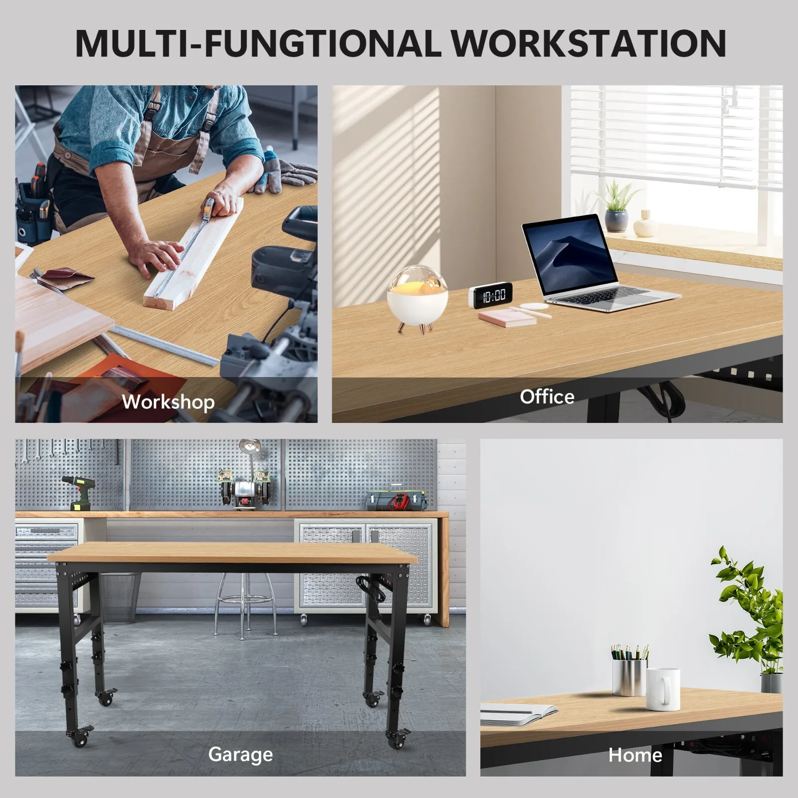 Bancada de Trabalho Ajustável de 60 Polegadas com Topo de Madeira de Borracha