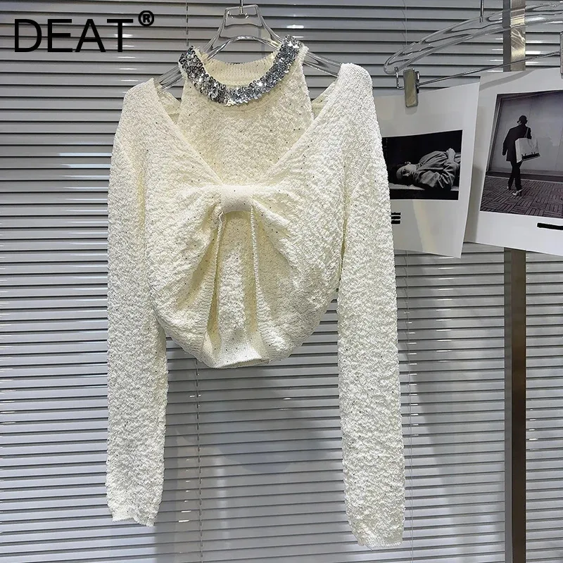 DEAT 2024 Autumn New Fashion Women's Two Piece Set Sequin Hanging Neck Vest Solid Color Large Bow Knit Sweater Female 29L8348