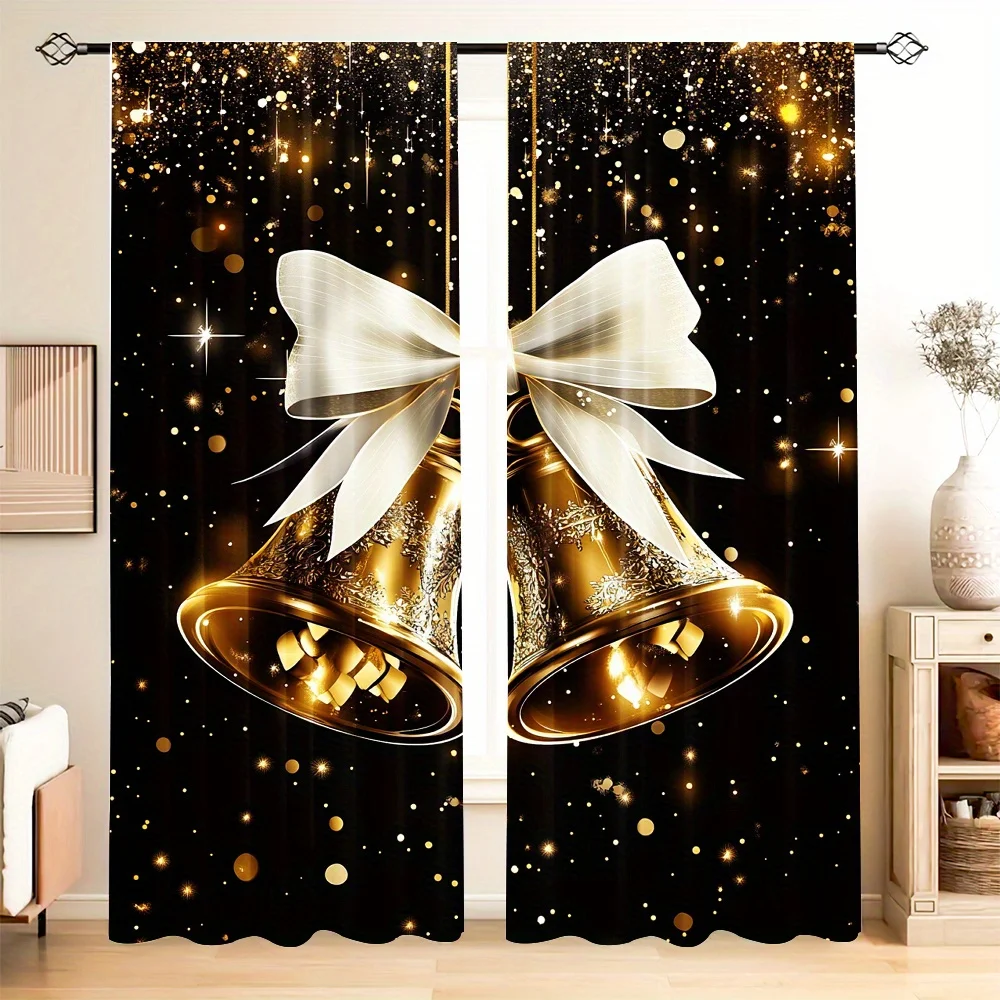 Christmas Bell Print Curtains Polyester Satin Artistic Classic Style Home Decor for Living Room and Bedroom Window Drapes 2pcs