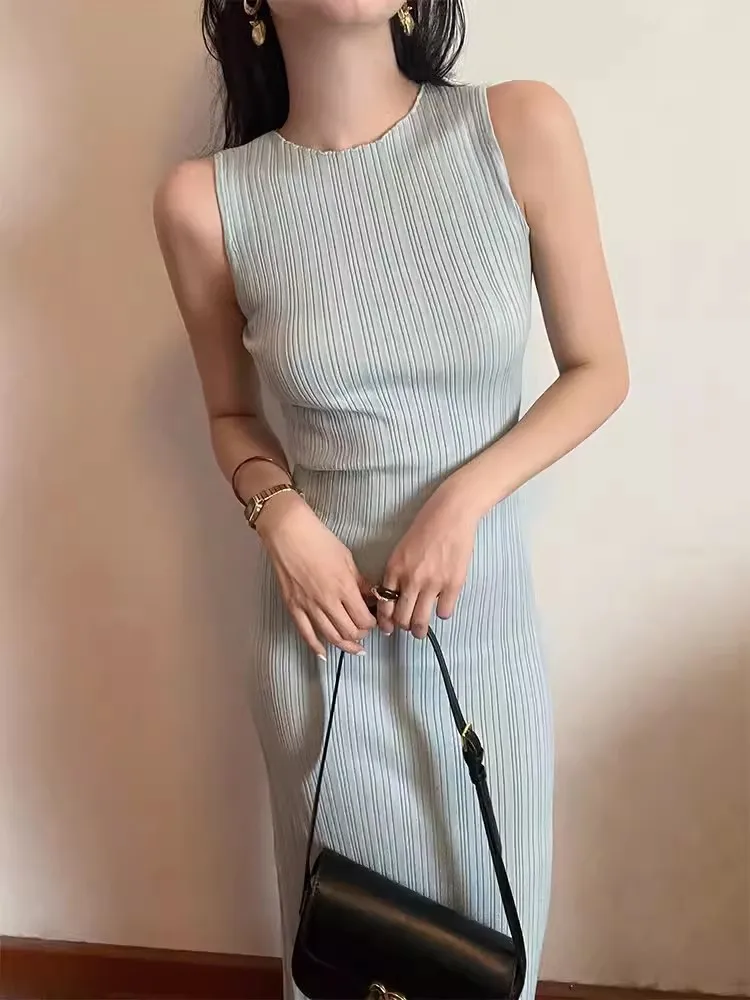 Sleeveless Knitted Pit Stripe Vest Dress Solid Round Collar High Waist Women's Dress Casual Commuting Long Dresses C-312