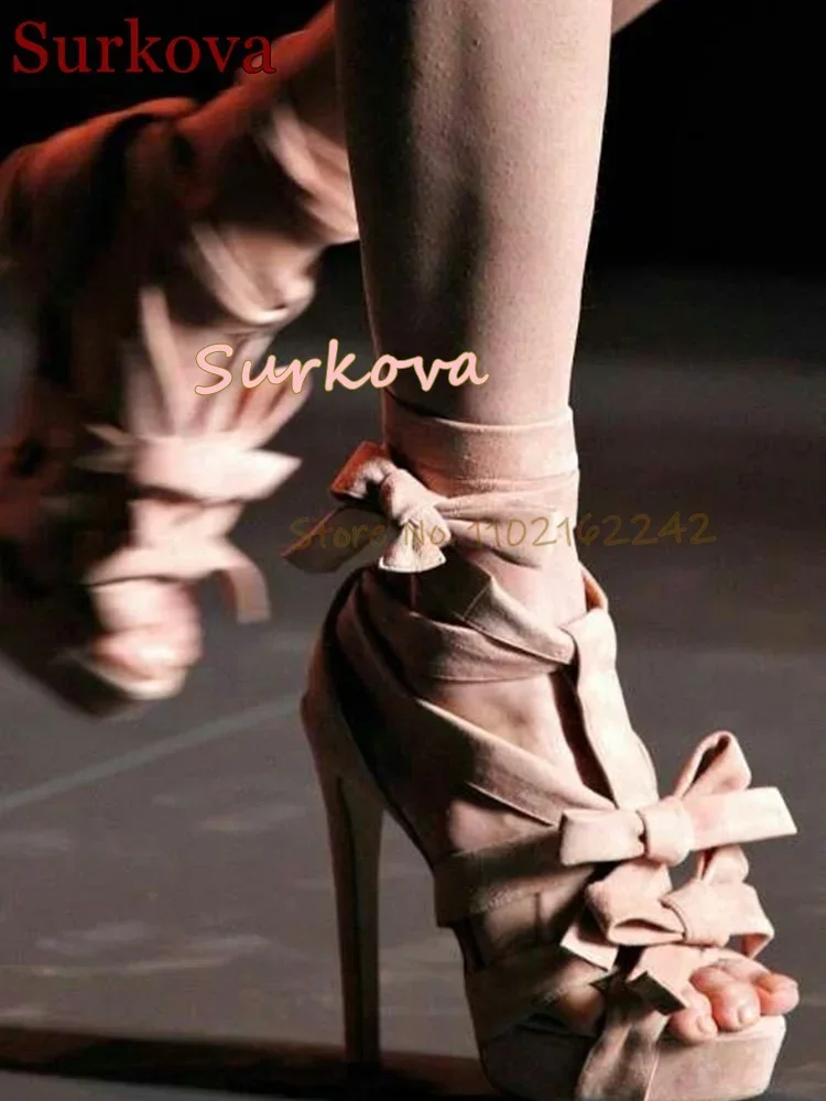 

2025 New Bow Open Toe Thick-Soled High Heels Suede Super High Heel Cross-Strap Sandals Sexy Dress Elegant Women'S Shoes Summer