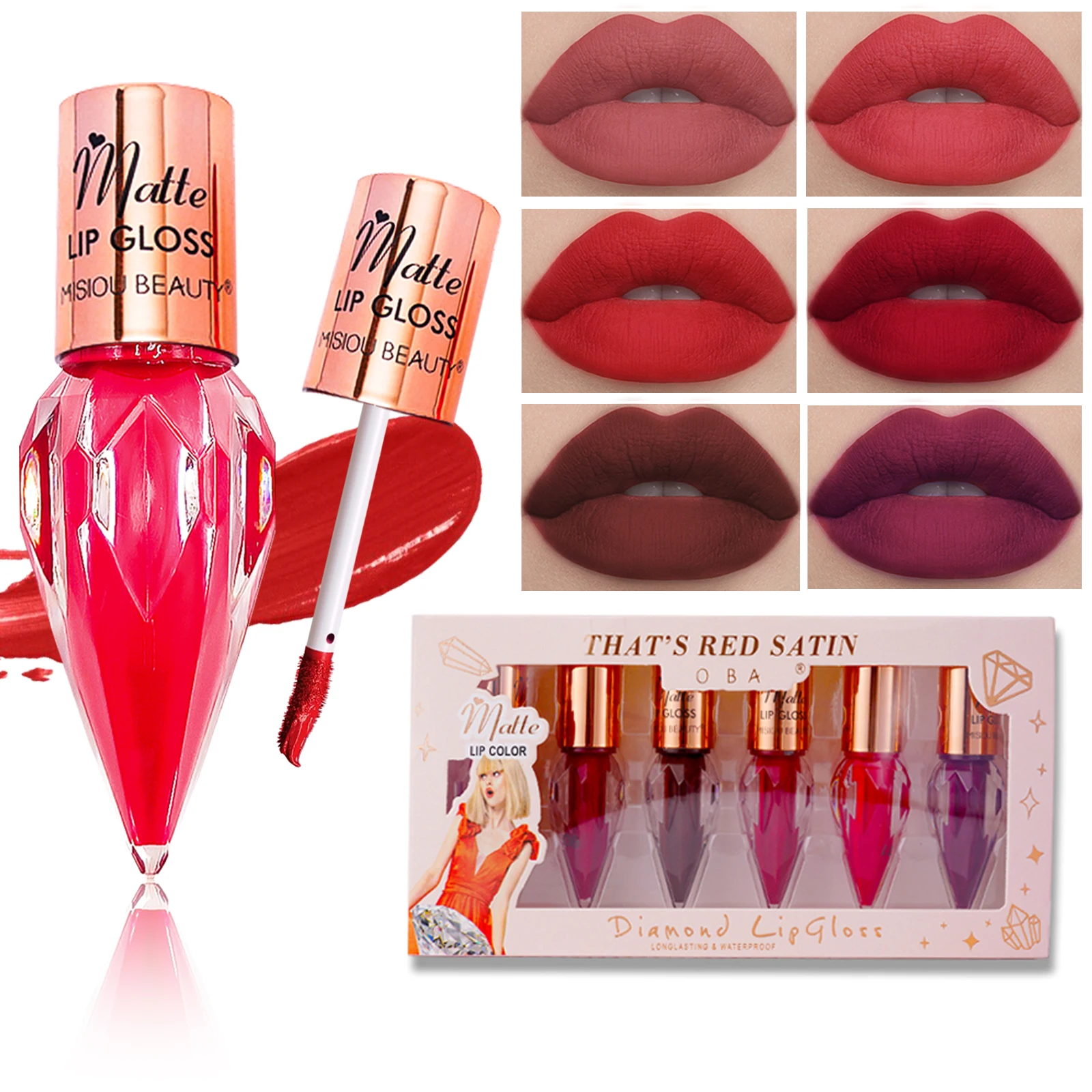 

6 Pcs Diamond Matte Liquid Lipstick Set, Non-Stick Cup and Not Fade Pigmented, Long-Lasting Waterproof Velvet Lipgloss Makeup