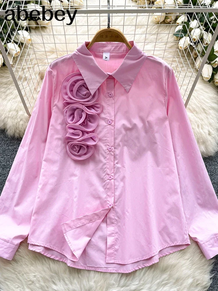 French Pink Women Blouse Fashion 3D Floral Long Puff Sleeve Turn-down Collar Lace Up Autumn Age-reducing Female Tops