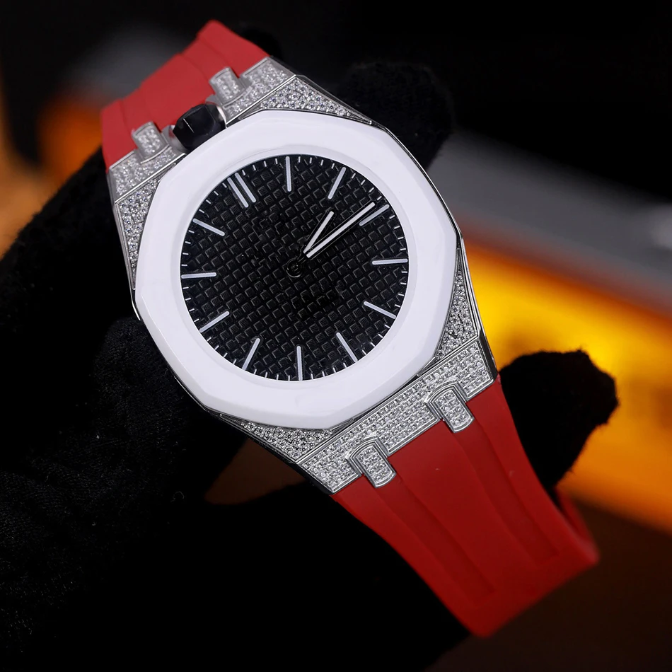 Pasek do zegarka z diamentami i moissanitem do Swatch X AP Royal Pop Pocket, obudowa ze stali nierdzewnej z zestawem silikonowych pasków, pasek zamienny. — zdjęcie produktu 6