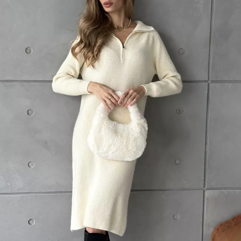 

2024 Autumn and Winter New Fashion Commute Simplicity Versatile Half Zipper Flip Collar Long Sleeves Knitting Dress Women