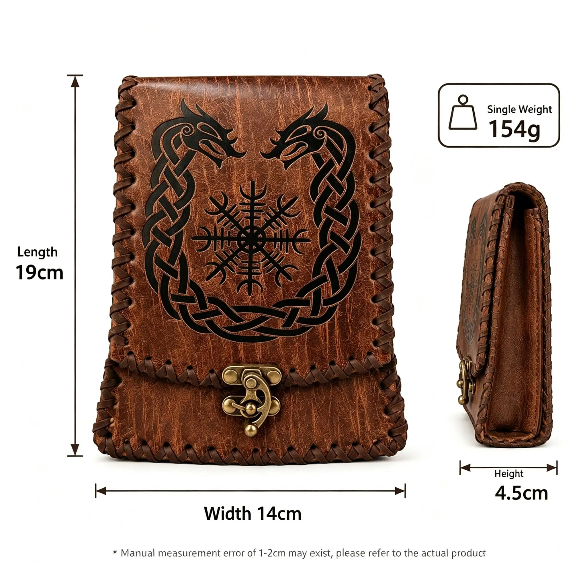 Vintage Nordic Viking Celtic Embossed Leather Belt Pouch, Hand-Laced Medieval Waist Bag for Cosplay LARP & Daily Storage