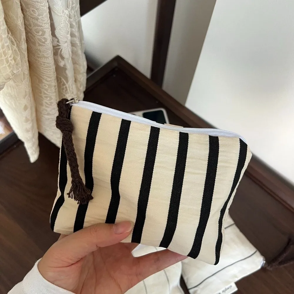Cotton Linen Material Mini Coin Purse Striped Pattern Polka Dot Design Small Card Pouch Portable Size Minimalist Style