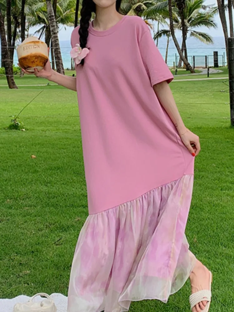 Plus Size Onregelmatige T-shirt Jurk Vrouwen Zomer Roze Tie-dye Mesh Korte Mouw Jurk Vrouw Losse Dames Jurken vestidos