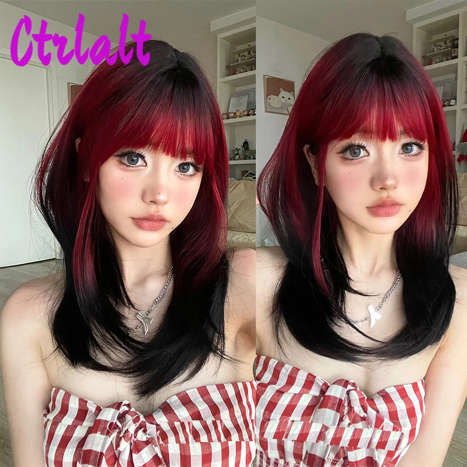 Black Red Gradient Lovely Synthetic Wigs With Bangs Medium Straight Hair For Girls Daily Use Party Or Cosplay Heat Resistant