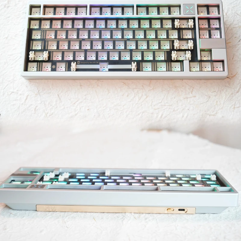 X80 MAX Customized Mechanical Keyboard Kit Aluminum Kit CNC Hot Swappable 3-Mode LEAF-SPRIN RGB Metal PVD Lighting 83 Keys
