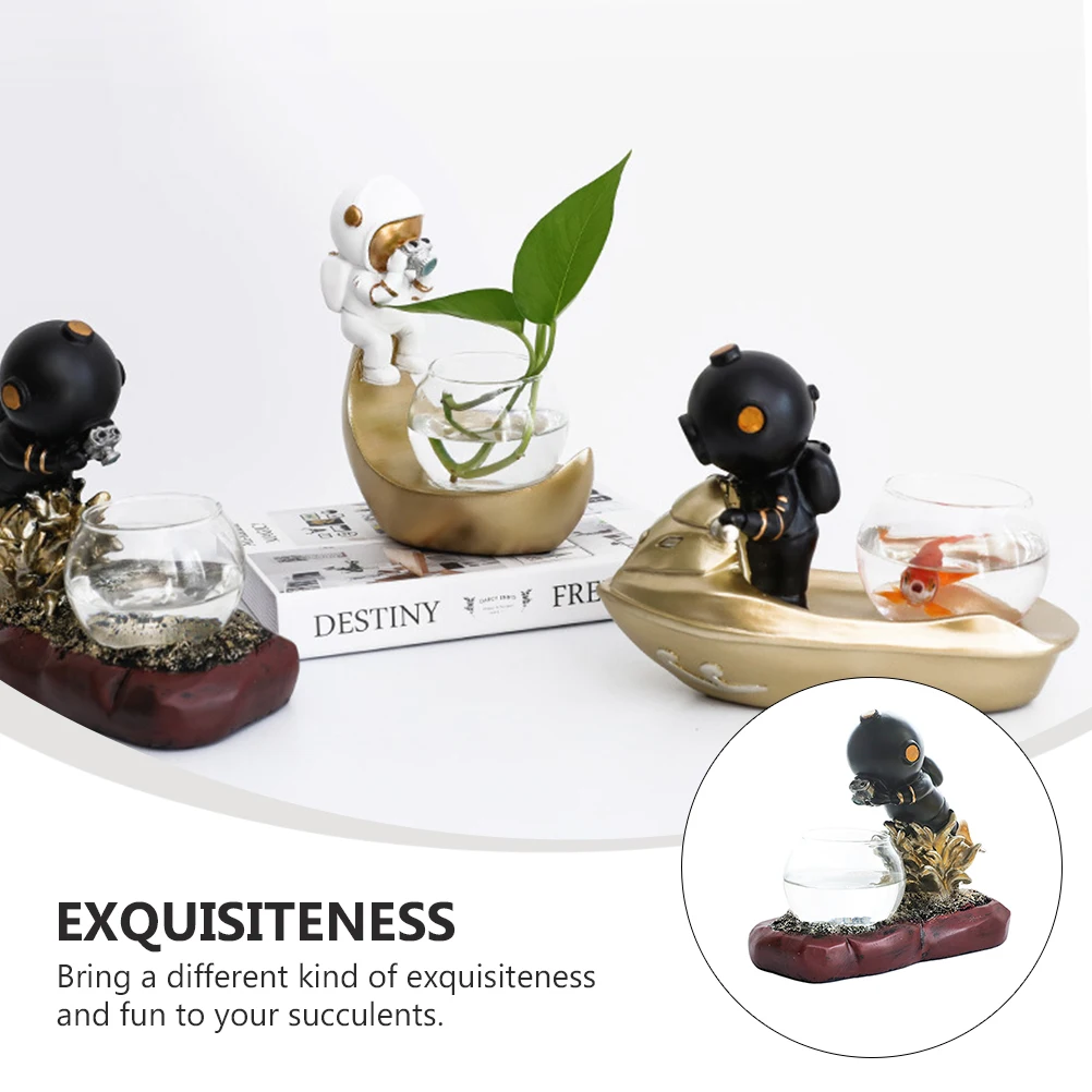 

Resin Astronaut Shaped Hydroponic Glass Flower Pot Desktop Floor Standing Planter For Indoor Home Office Decor (Earth With Led)